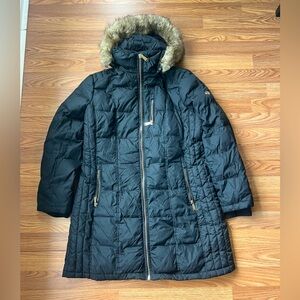 Michael Kors Down Puffer Jacket Coat Long Black Zip Faux Fur Hood Womens large